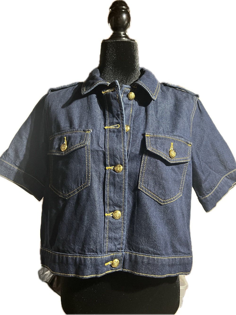 LOFT Navy Short-Sleeve Denim Jacket with Gold Buttons